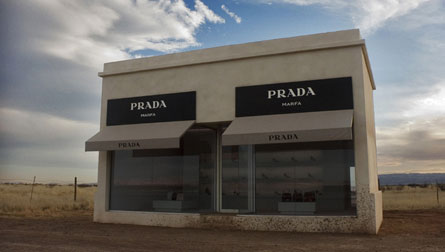 Prada, Marfa, TX. Sculpture by Michael Elmgreen and Ingar Dragse. Photo by John Hicks.